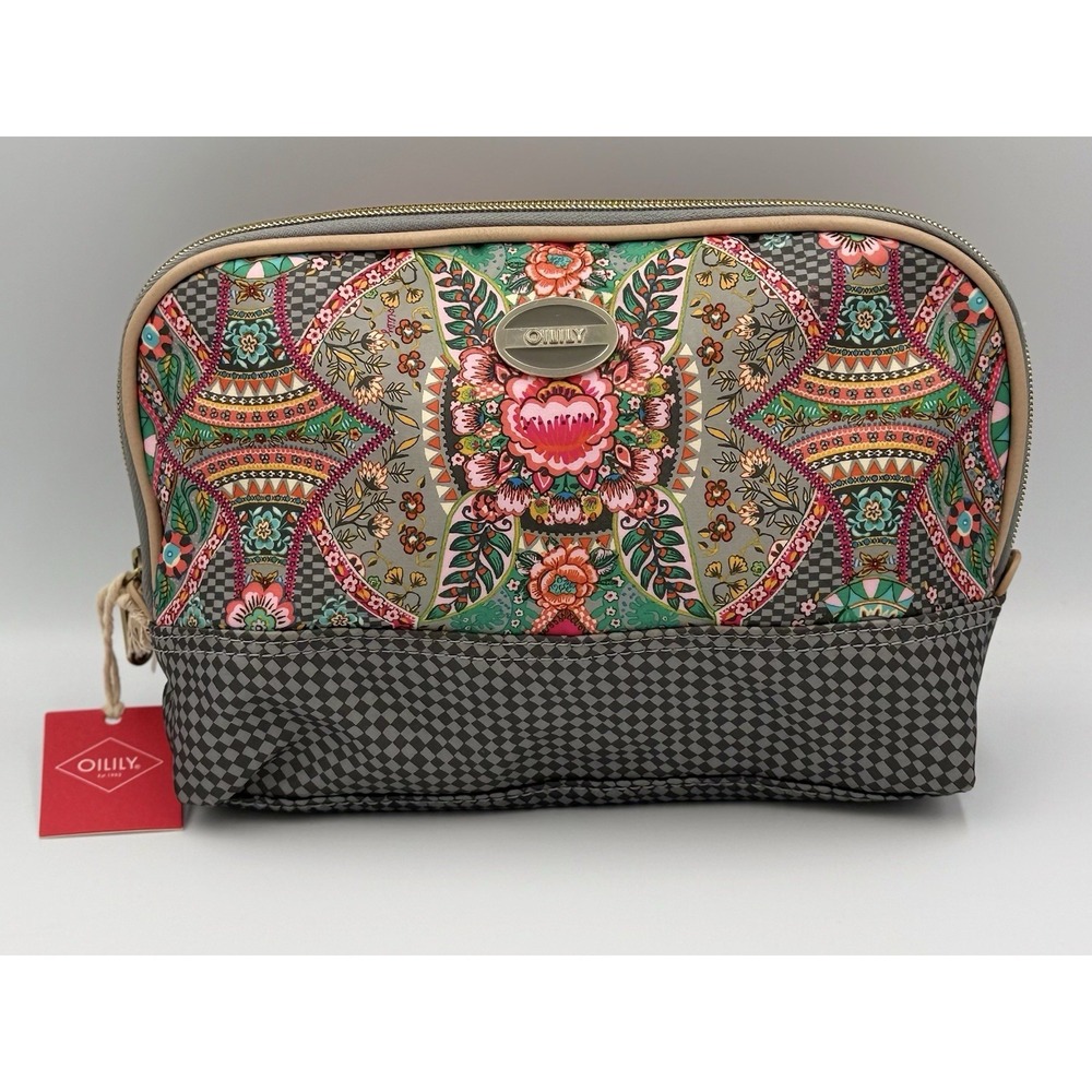 Oilily Toiletry Bag Color Iron Pink Geometric Floral With Plaid Mirror NWT